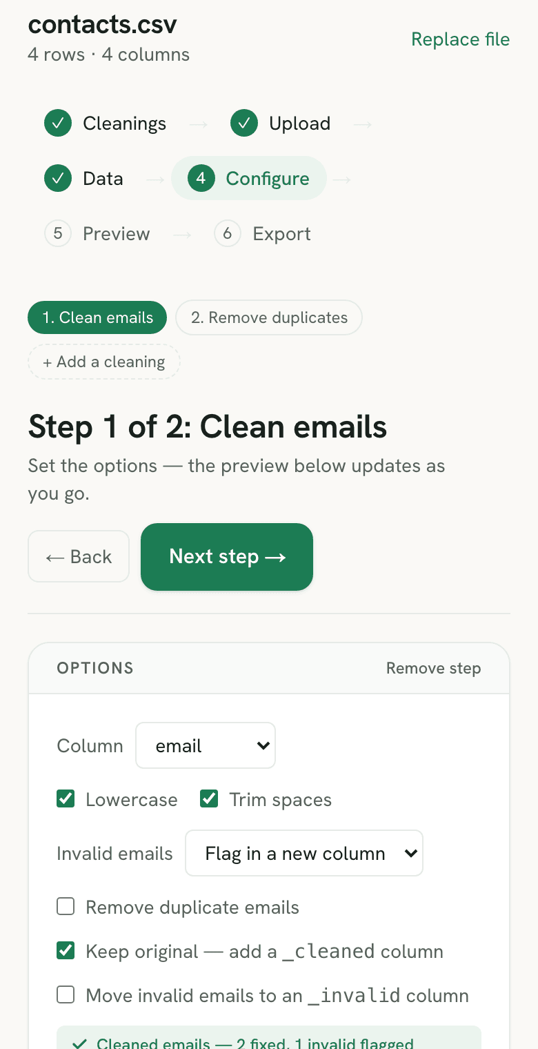 Sigmera Clean files — configuring email cleanup with a live preview of the result