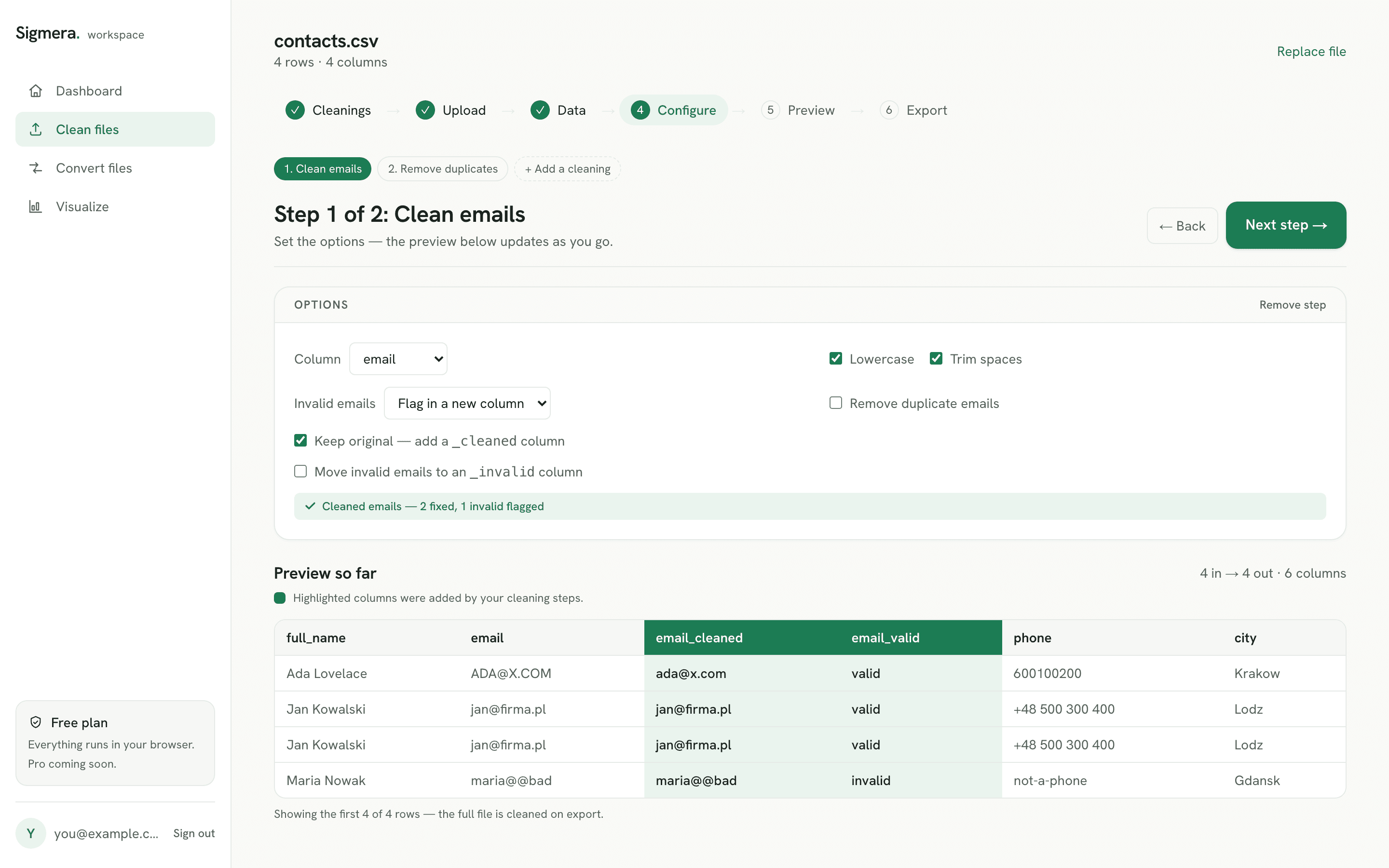 Sigmera Clean files — configuring email cleanup with a live preview of the result
