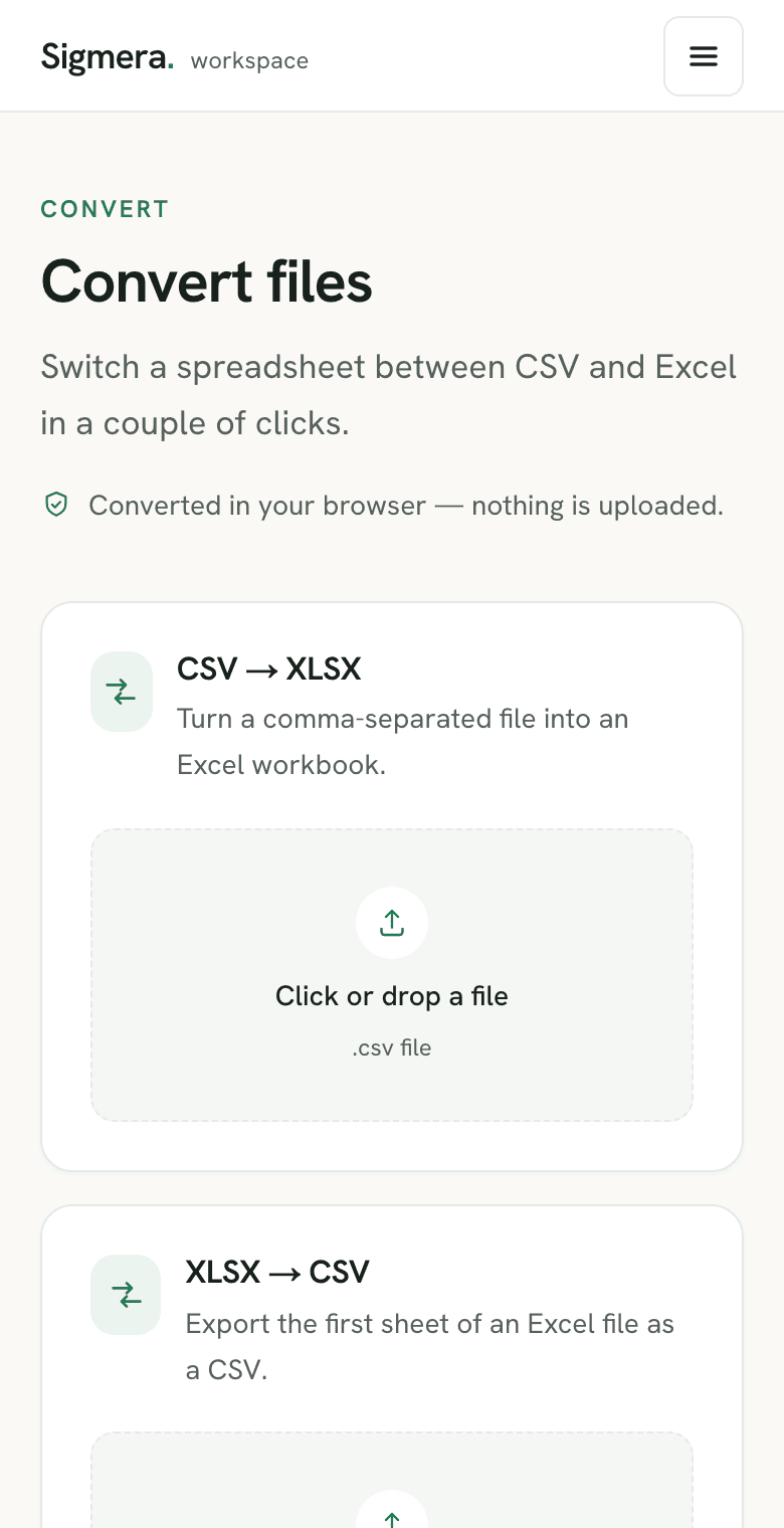 Sigmera Convert — converting between CSV and Excel formats