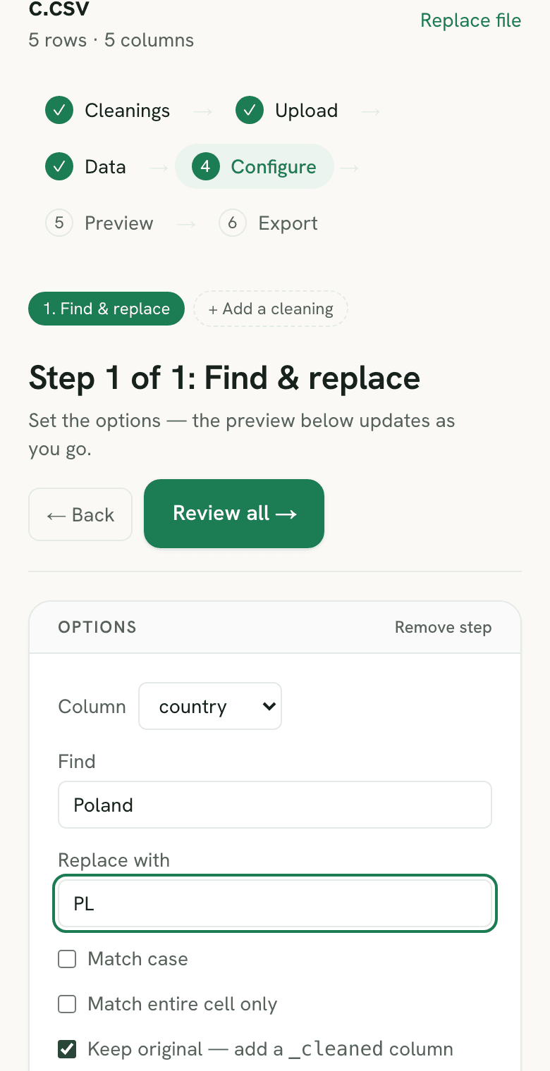 Sigmera finding and replacing text in a CSV column in the workspace, with a live preview