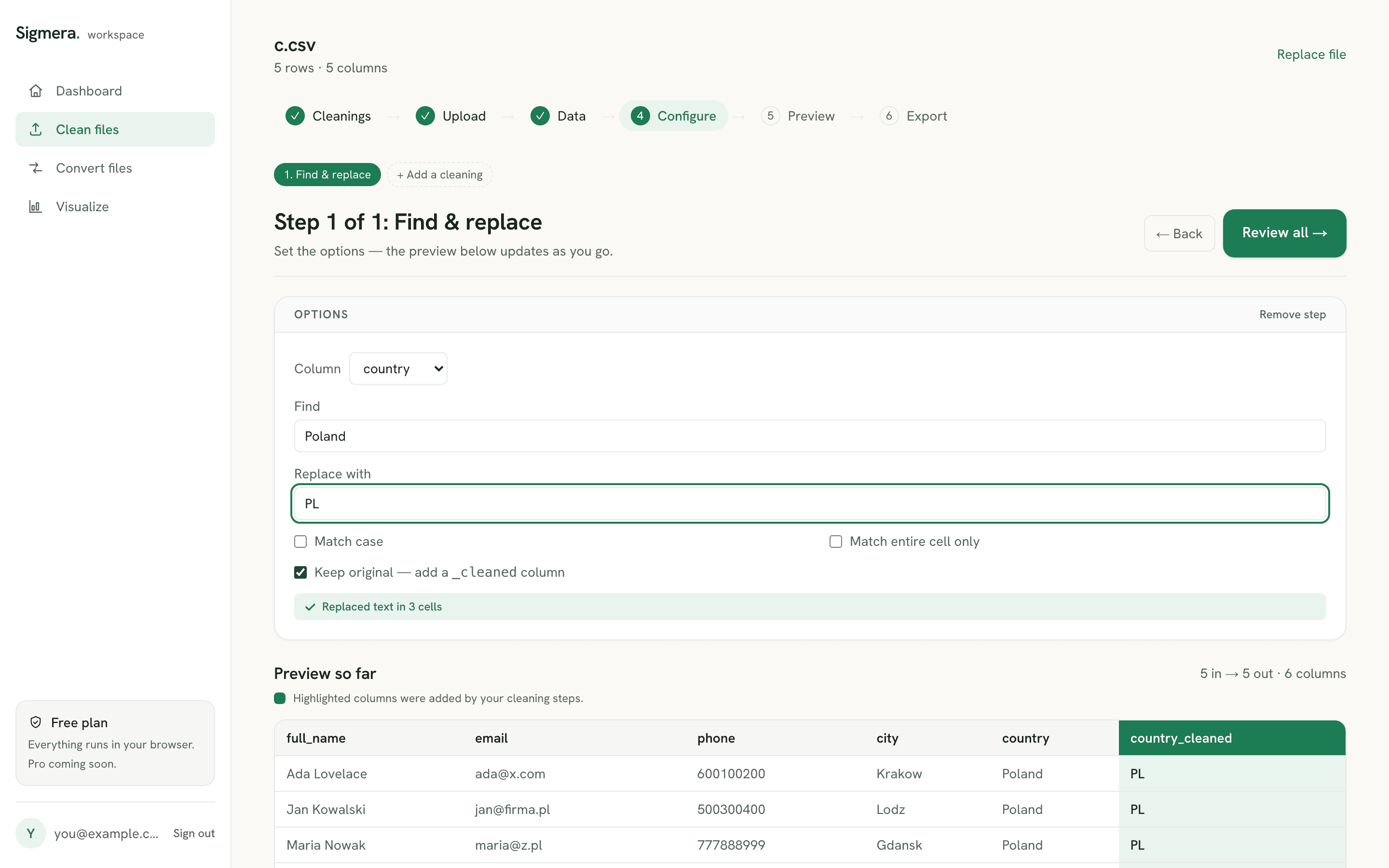 Sigmera finding and replacing text in a CSV column in the workspace, with a live preview