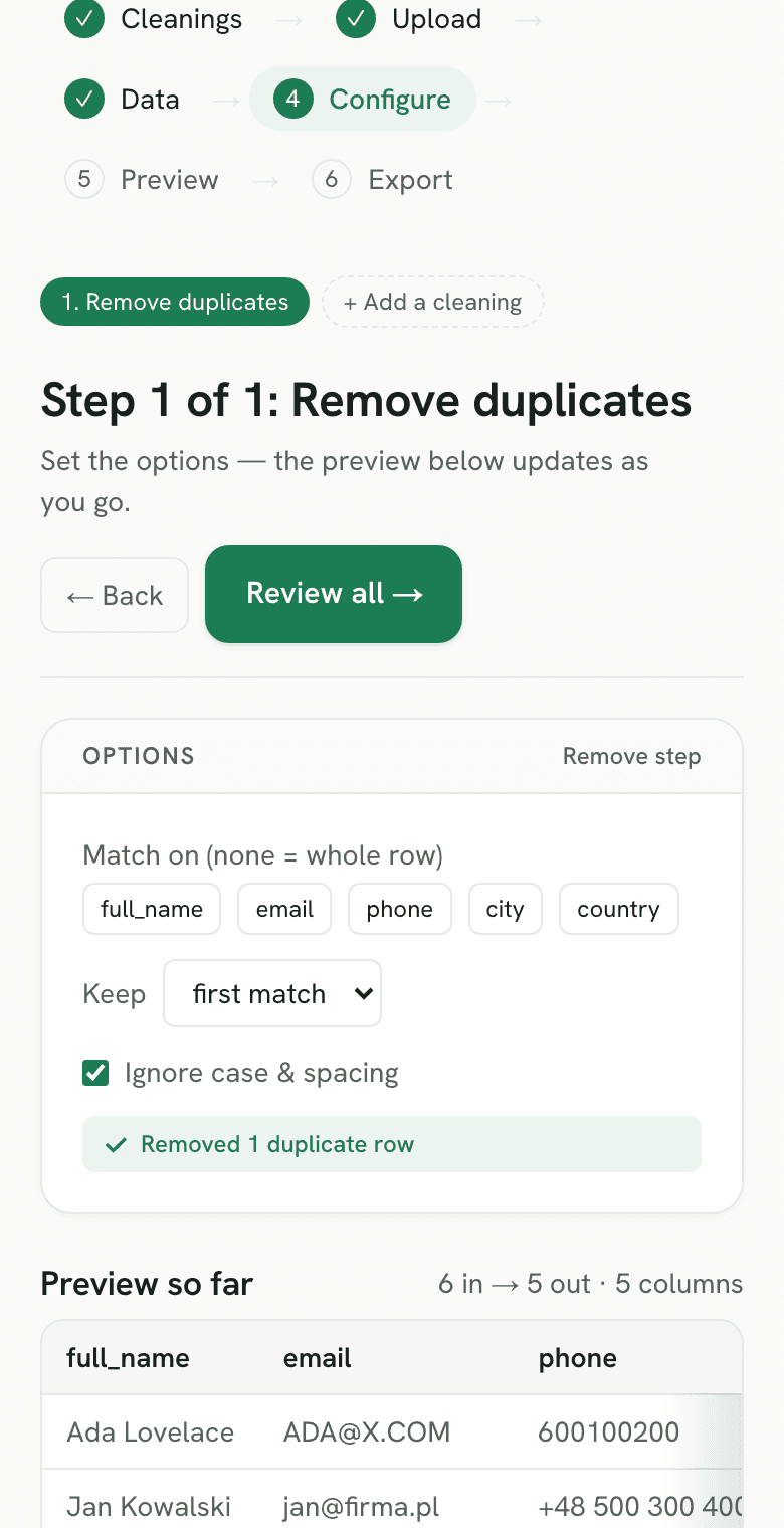 Sigmera removing duplicate rows from a CSV in the workspace, with a live preview