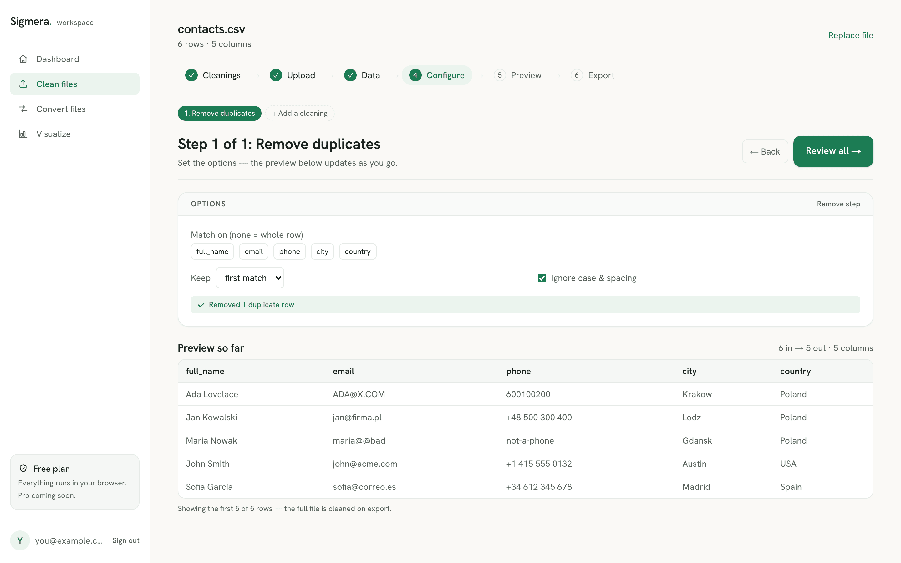 Sigmera removing duplicate rows from a CSV in the workspace, with a live preview