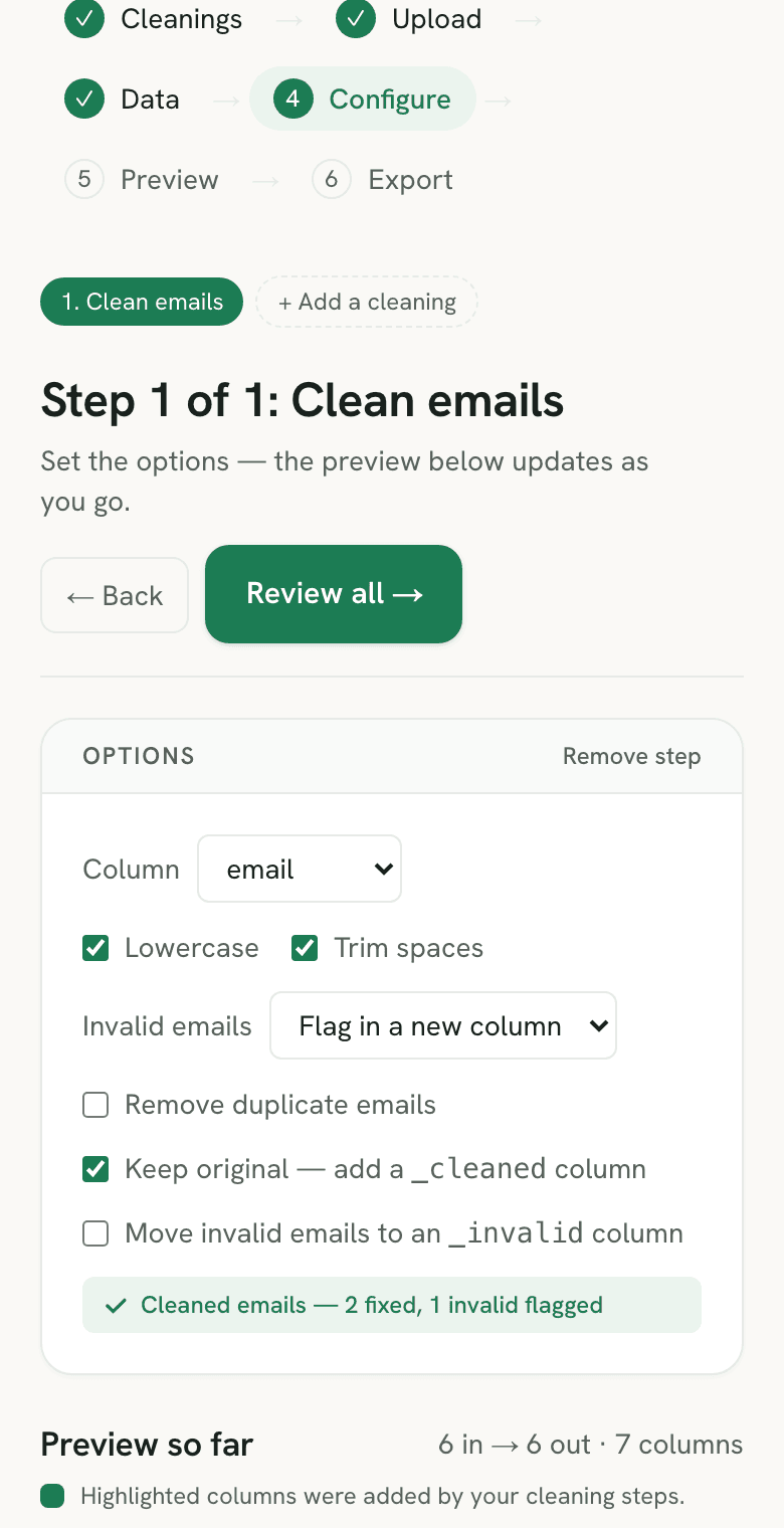 Sigmera cleaning and validating an email column in the workspace