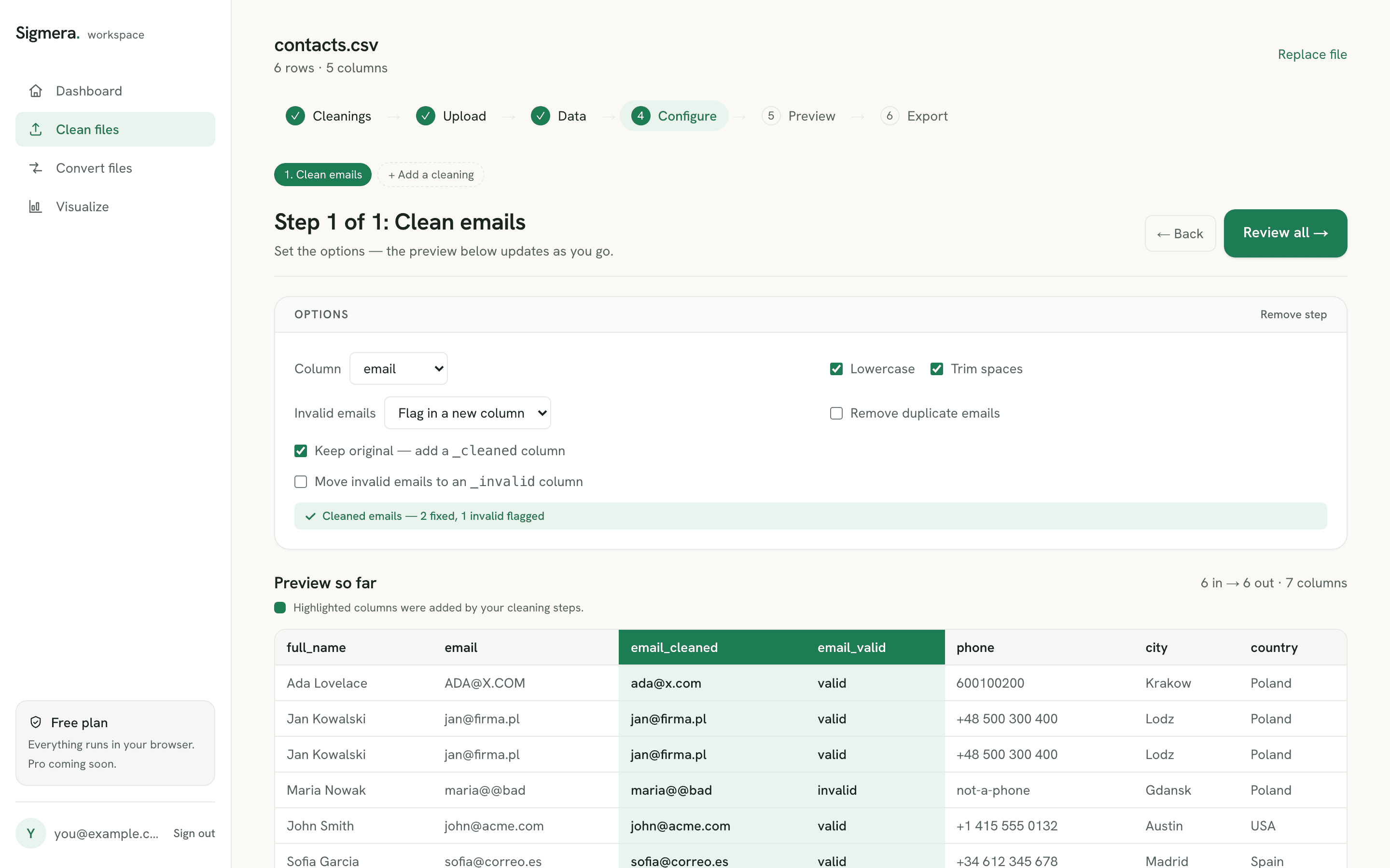 Sigmera cleaning and validating an email column in the workspace