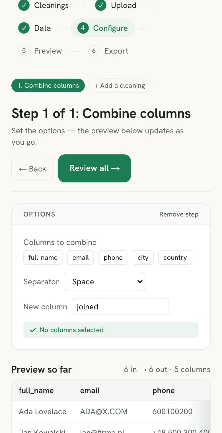 Sigmera combining two CSV columns into one in the workspace