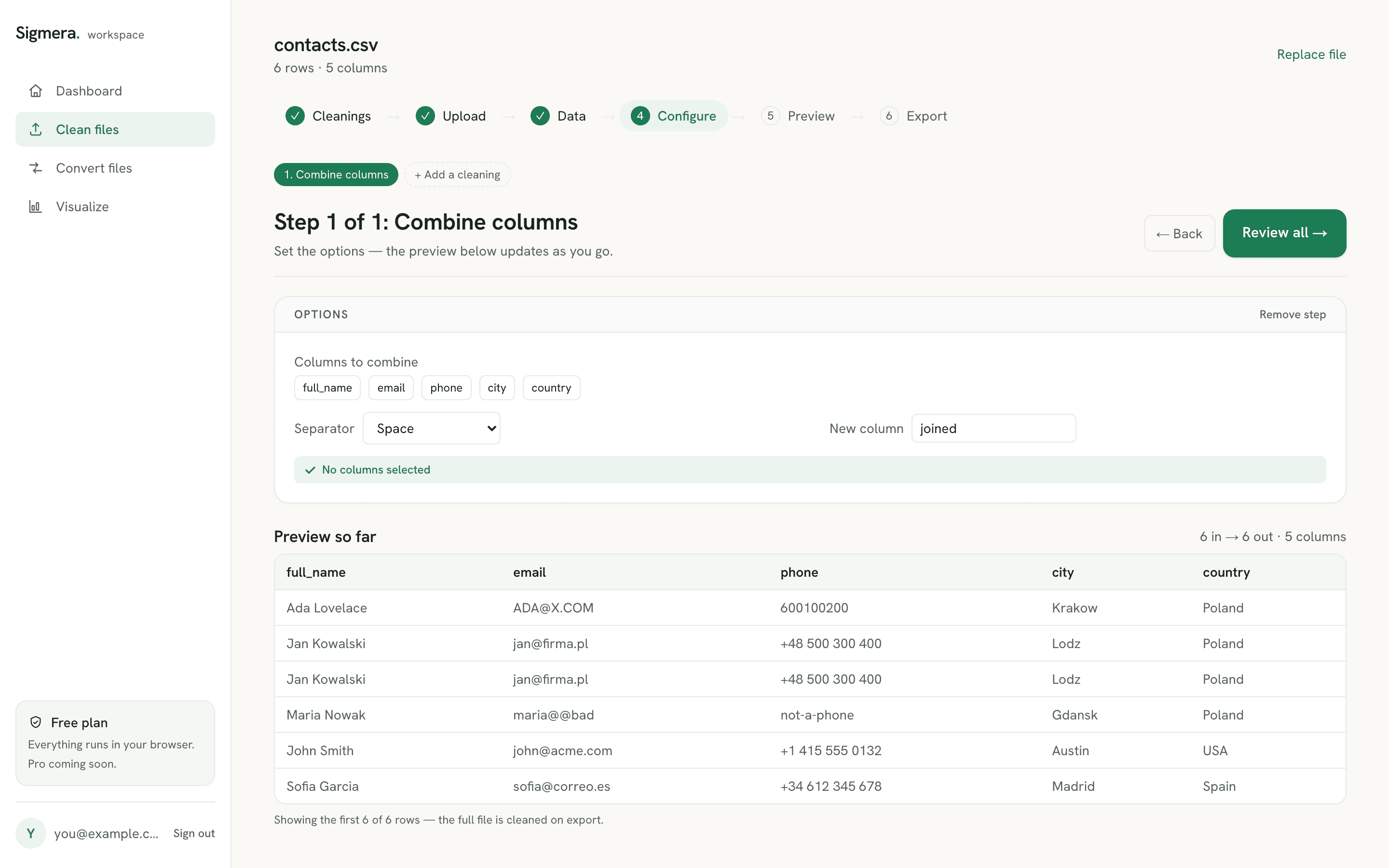 Sigmera combining two CSV columns into one in the workspace