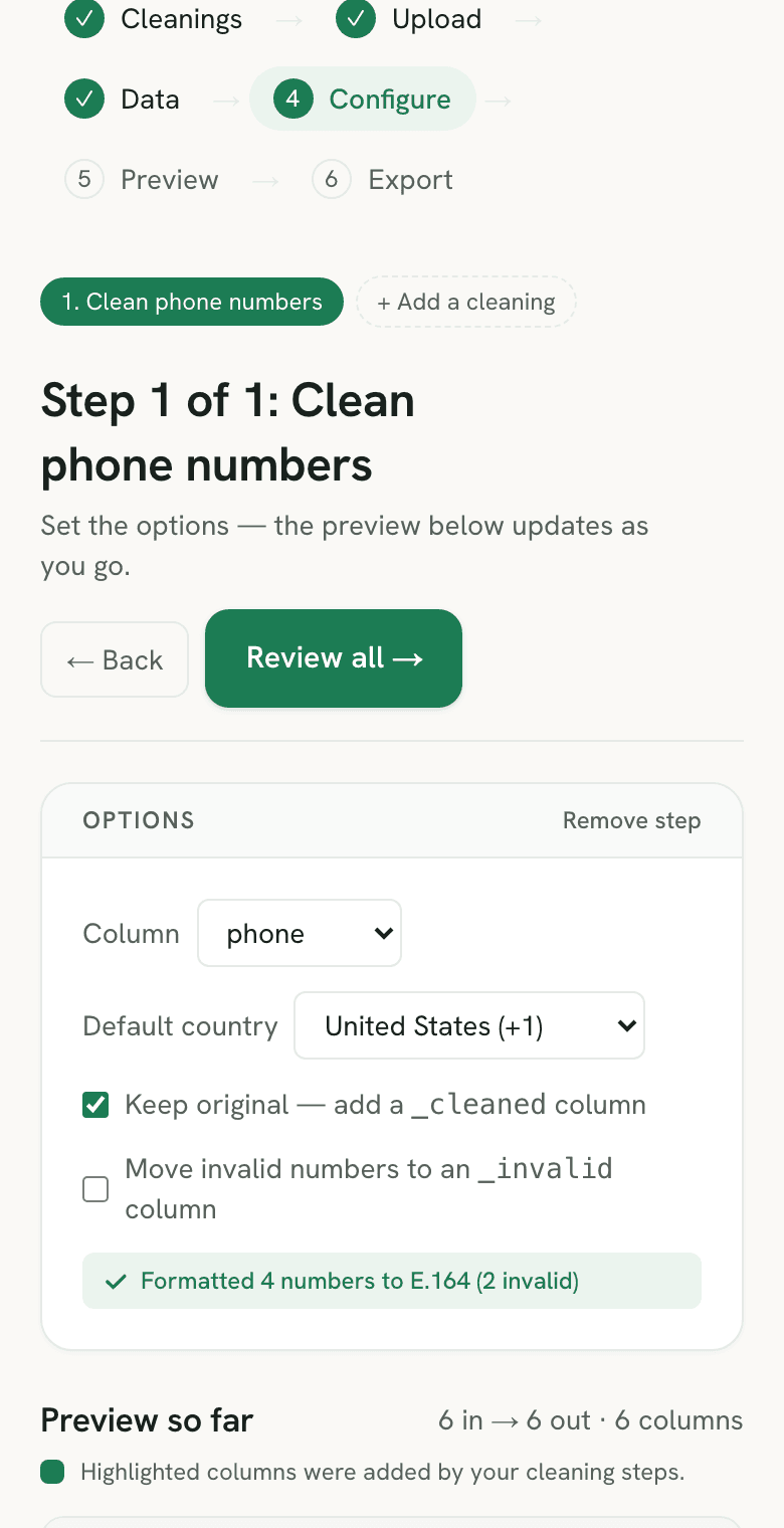 Sigmera formatting a phone-number column to the E.164 standard in the workspace