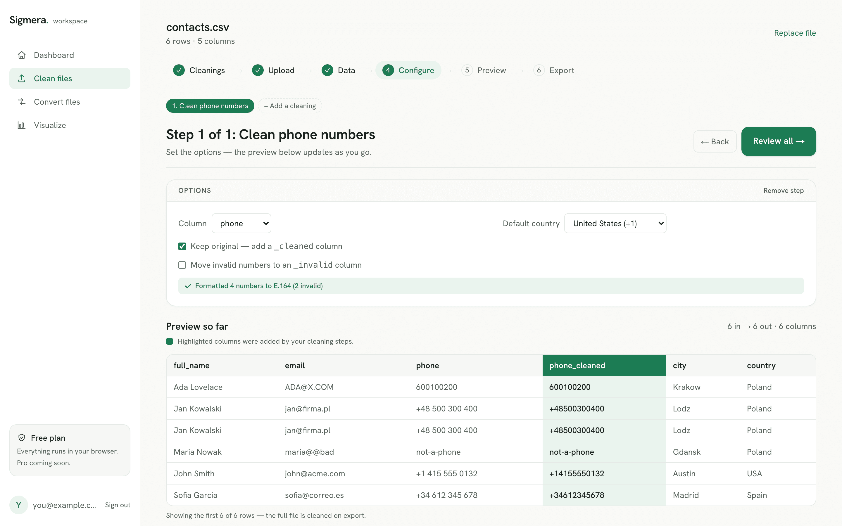 Sigmera formatting a phone-number column to the E.164 standard in the workspace