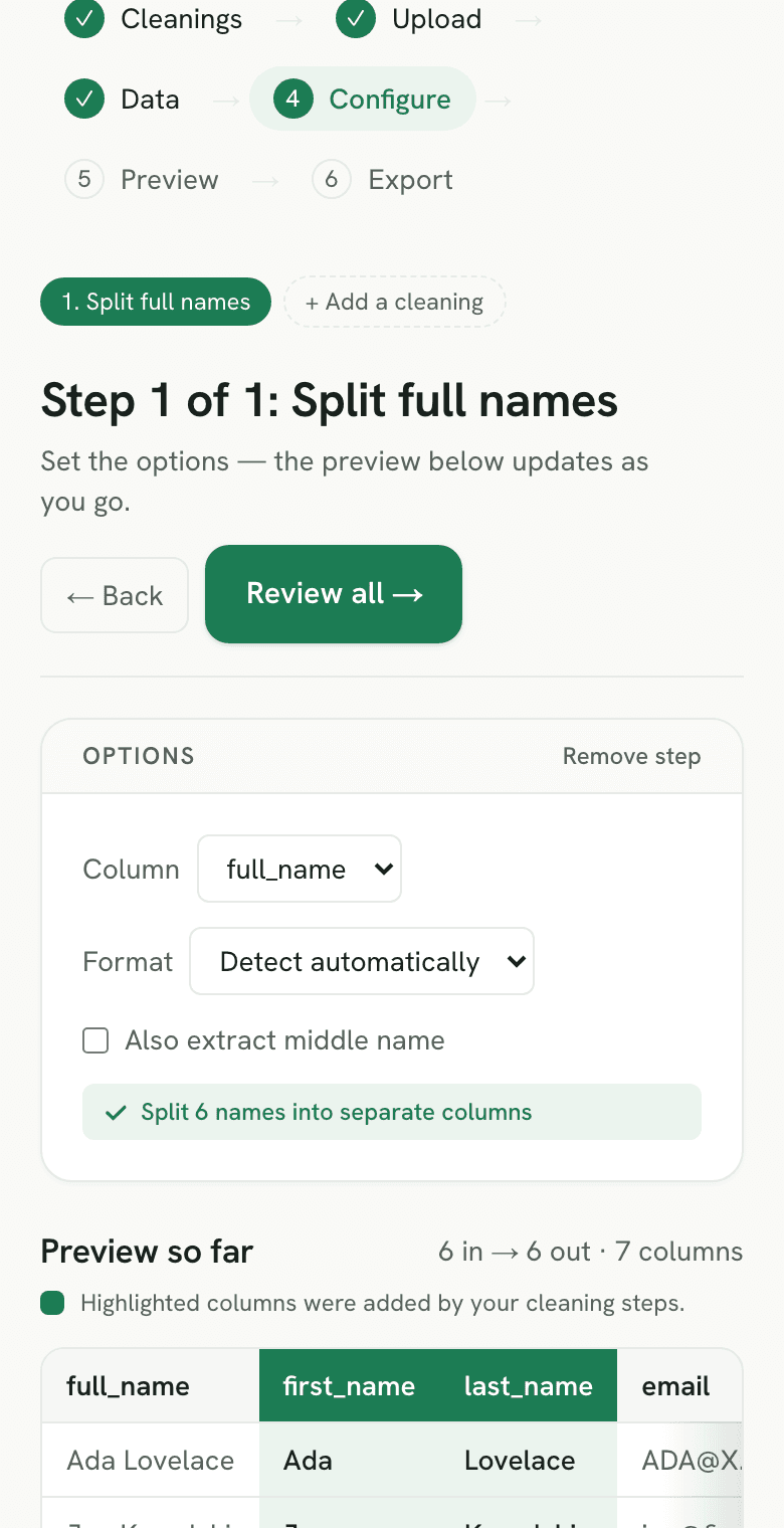 Sigmera splitting a full-name column into first and last name in the workspace