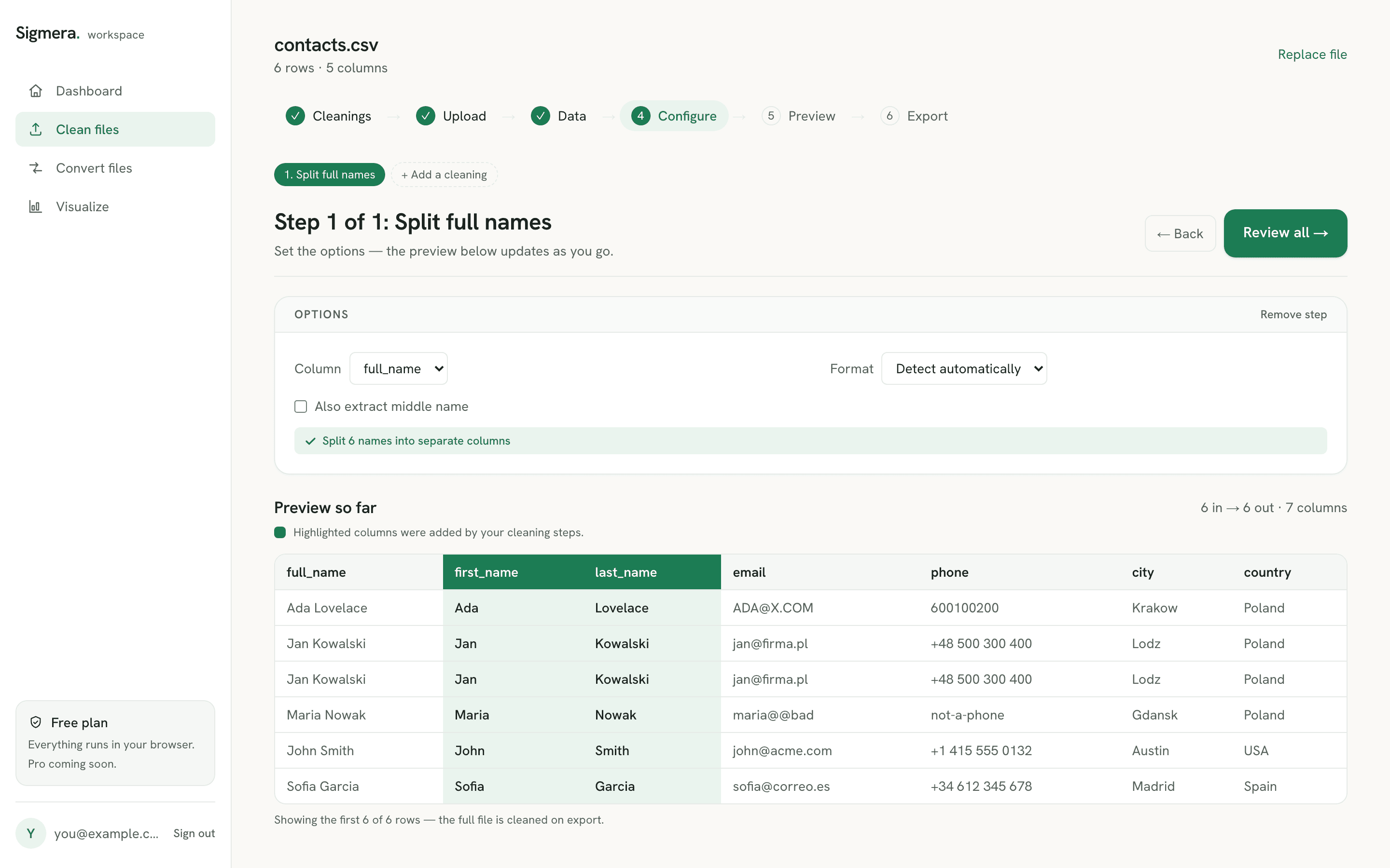 Sigmera splitting a full-name column into first and last name in the workspace